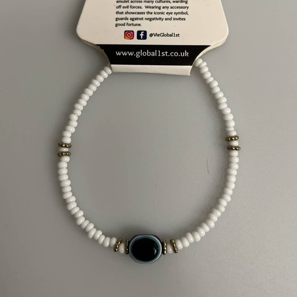 Evil Eye Bracelet, White Beads (JIT): Pink