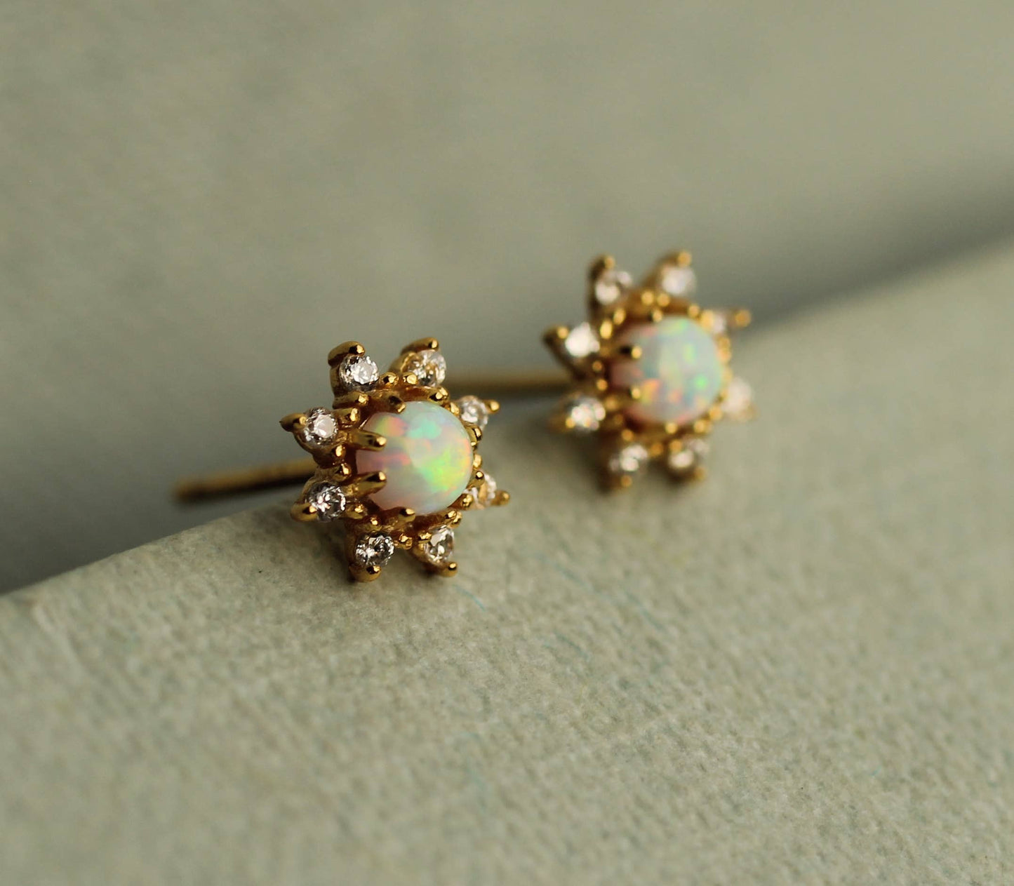 Opal Flower Stud Earrings : Olive Green Linen Presentation Card