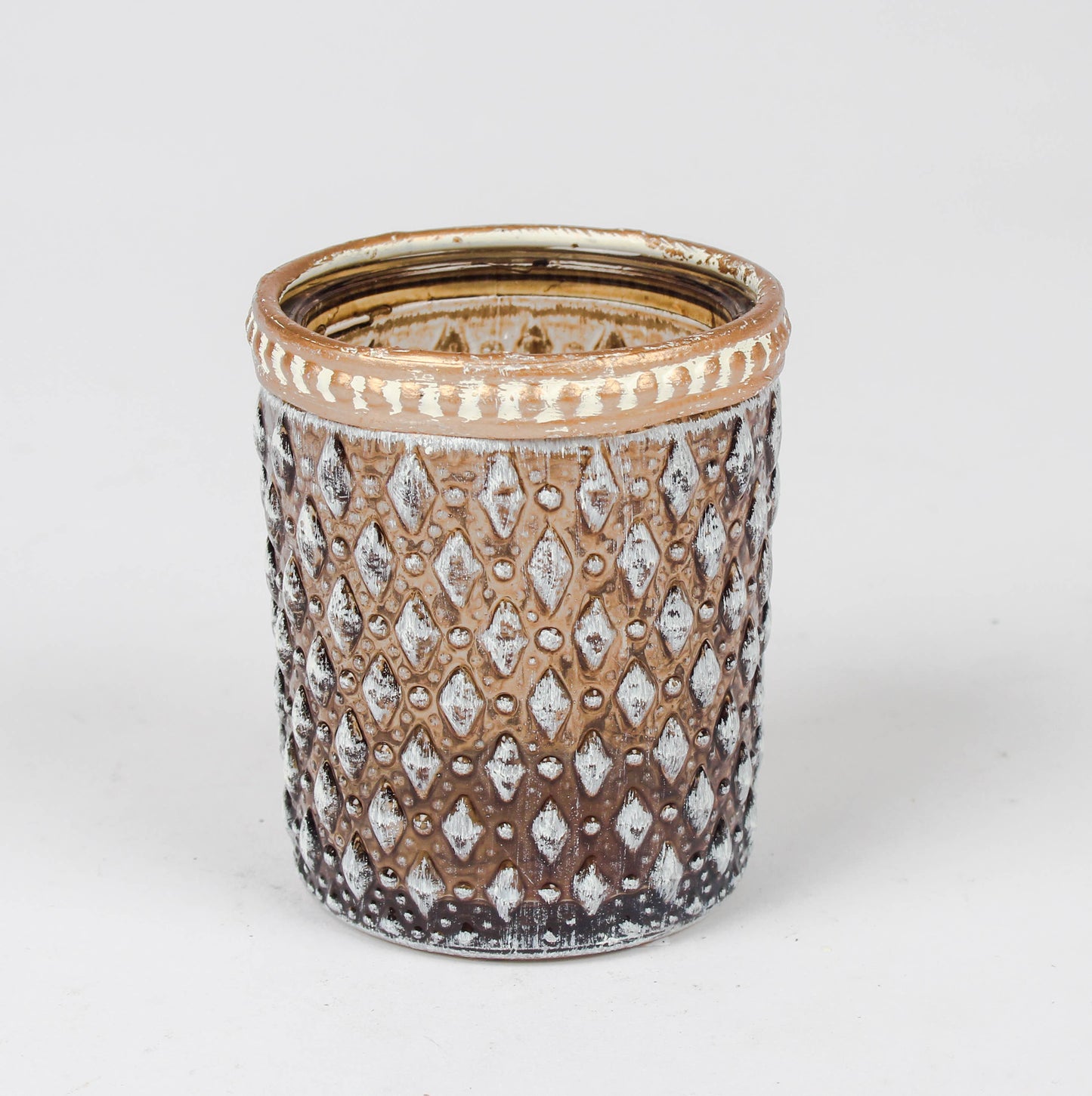 Diamond Cup Glass Tea Light Holder Metal Rim Cognac