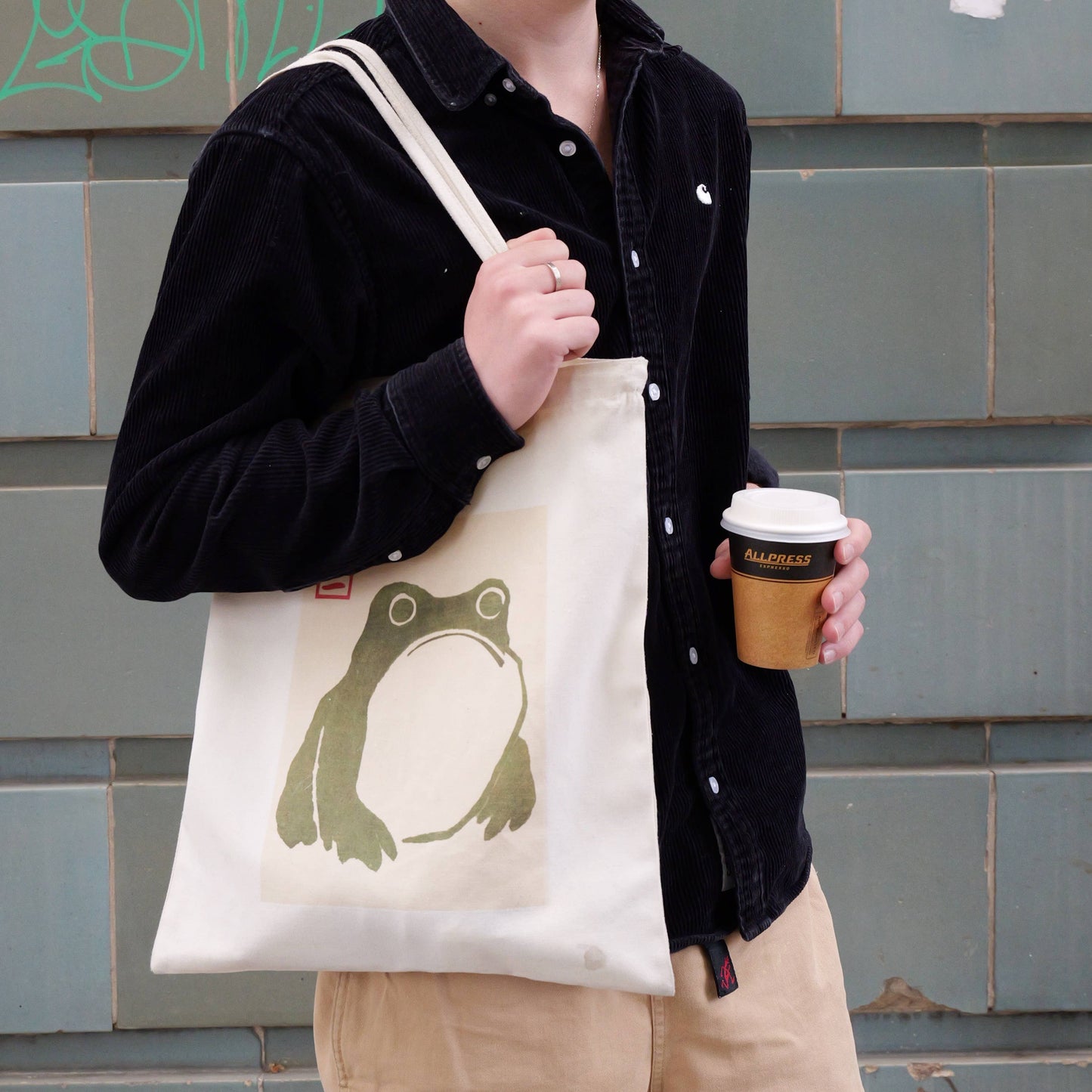 Matsumoto Hoji Frog Tote Bag Vintage Japanese Woodblock Art: White